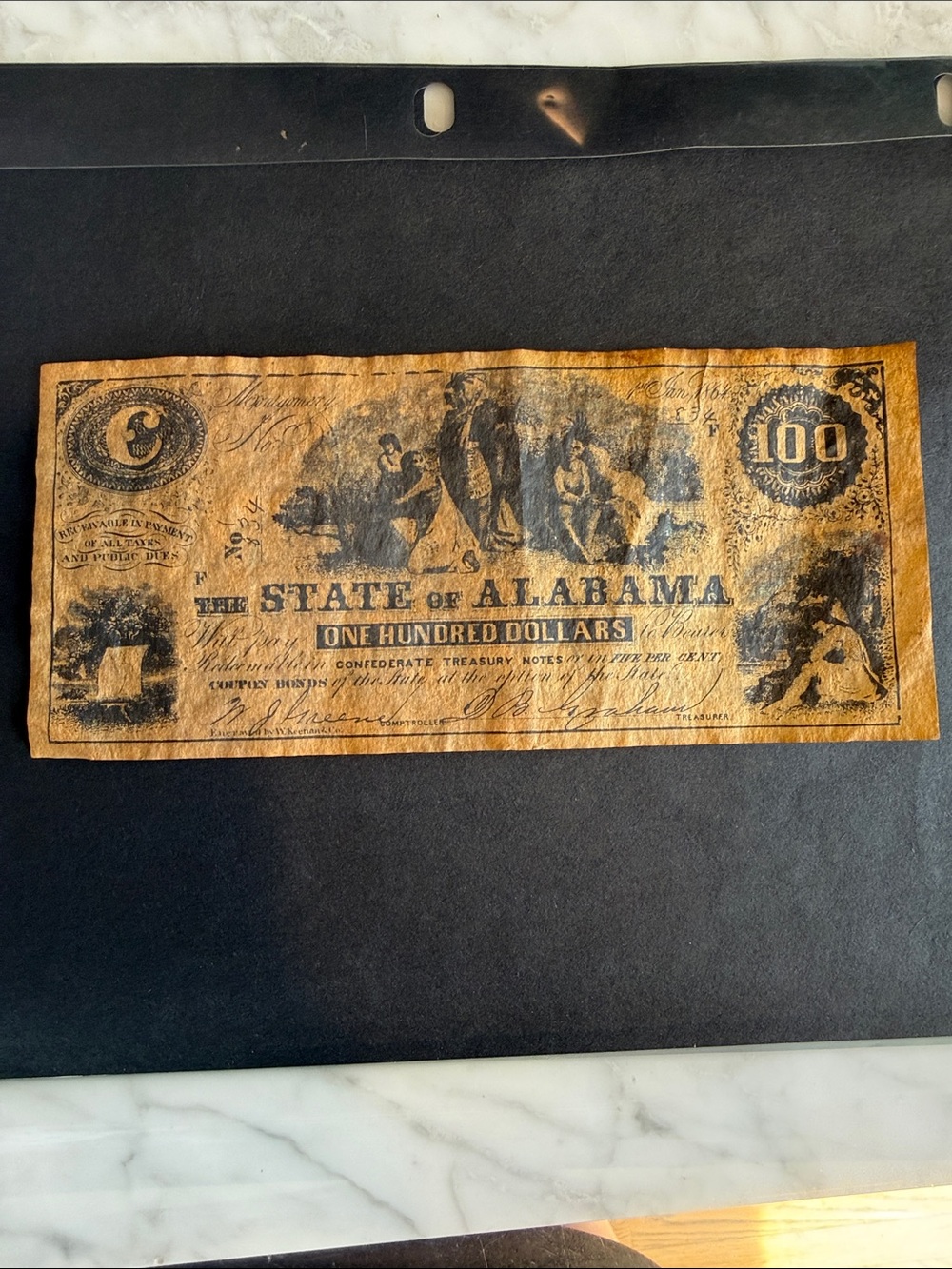 Souvenir Vintage State of Alabama One Hundred Dollar Confederate Note